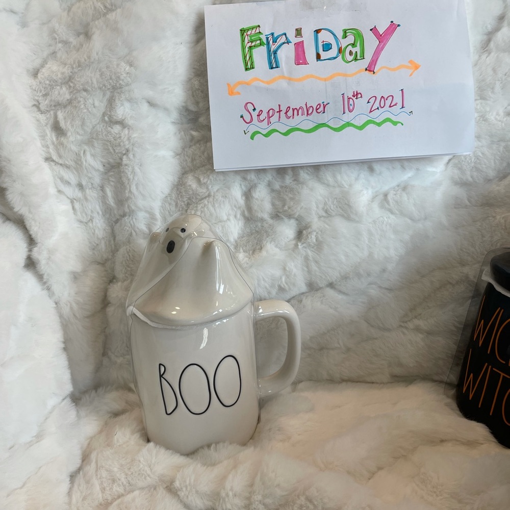 White BOO ghost topper mug Rae Dunn